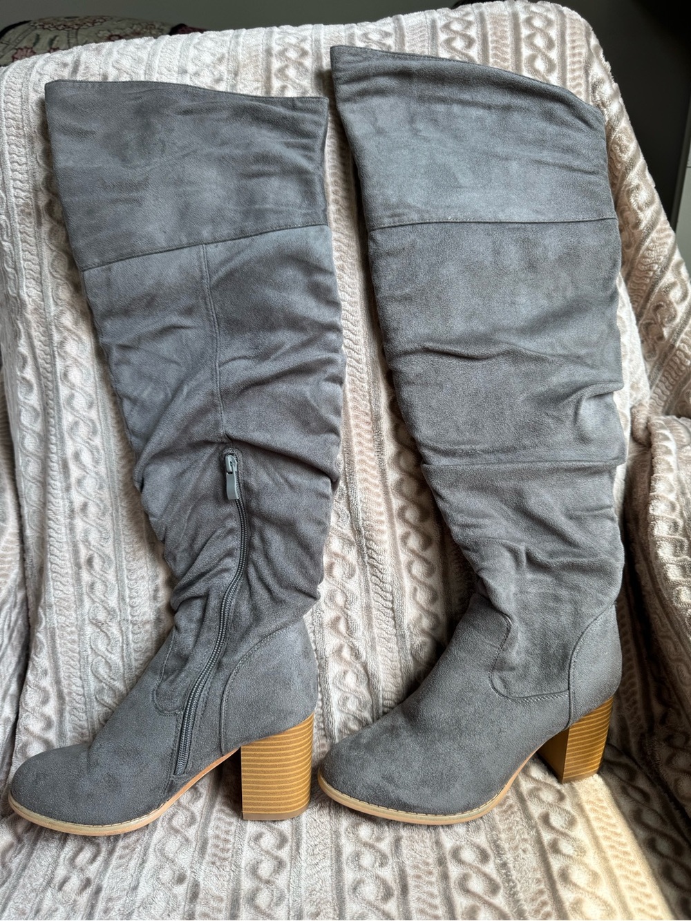 Gray over the knee Block Heel Boots - Women's Suede Look